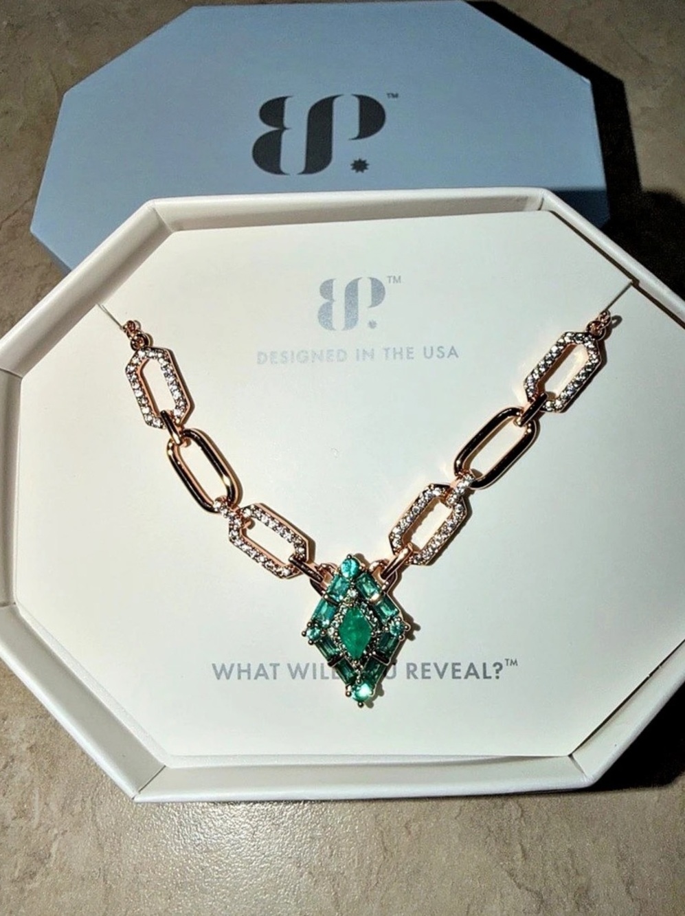 Bomb Party Necklace-Paperclip Kite Emerald on Rose Gold NK76830